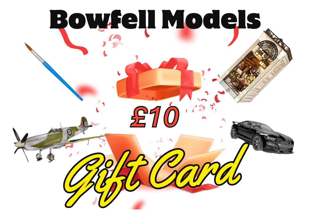 Promotional image for Bowfell Models £10 gift card with model airplane, car and book nook on a white background.
