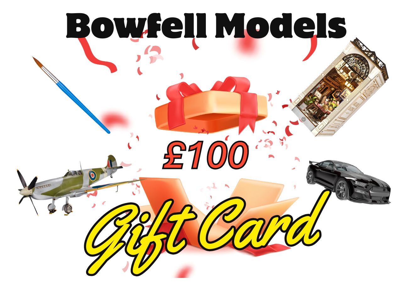 Promotional image for Bowfell Models £100 gift card with model airplane, car and book nook on a white background.