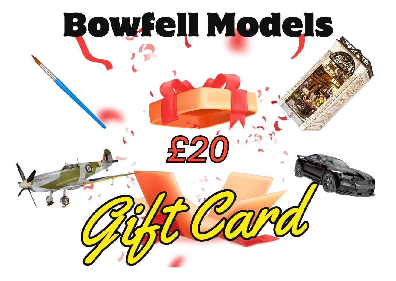 Promotional image for Bowfell Models £20 gift card with model airplane, car and book nook on a white background.
