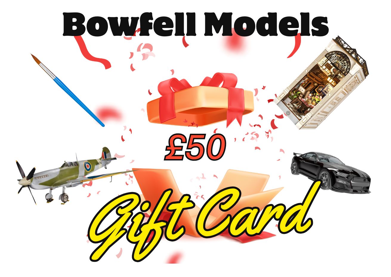 Promotional image for Bowfell Models £50 gift card with model airplane, car and book nook on a white background.