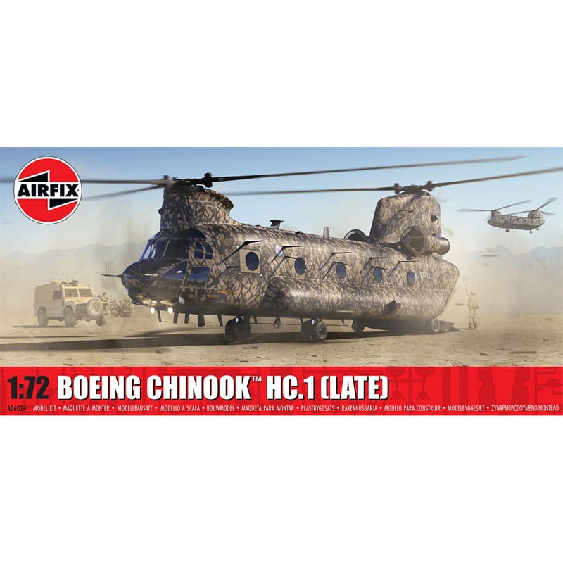 Airfix Model kit Boeing Chinook HC.1 helicopter on a desert background