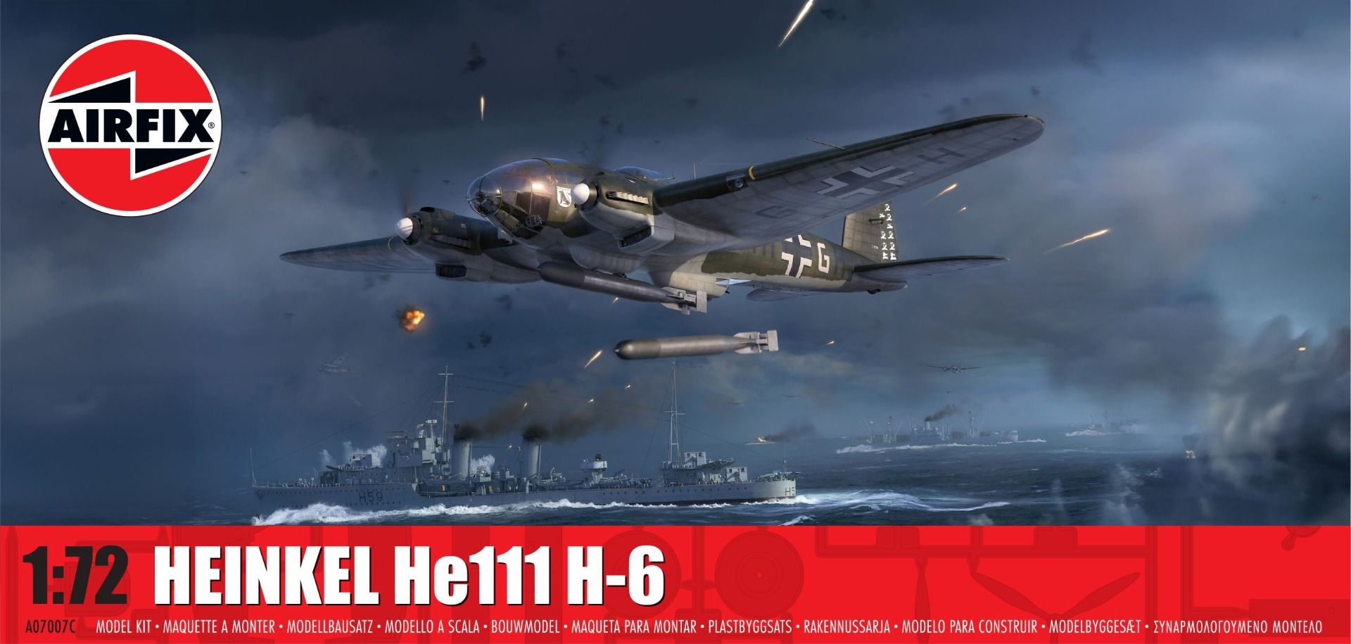 Model airplane kit of Heinkel He111 H-6 with Airfix logo and scale information on a dark background.