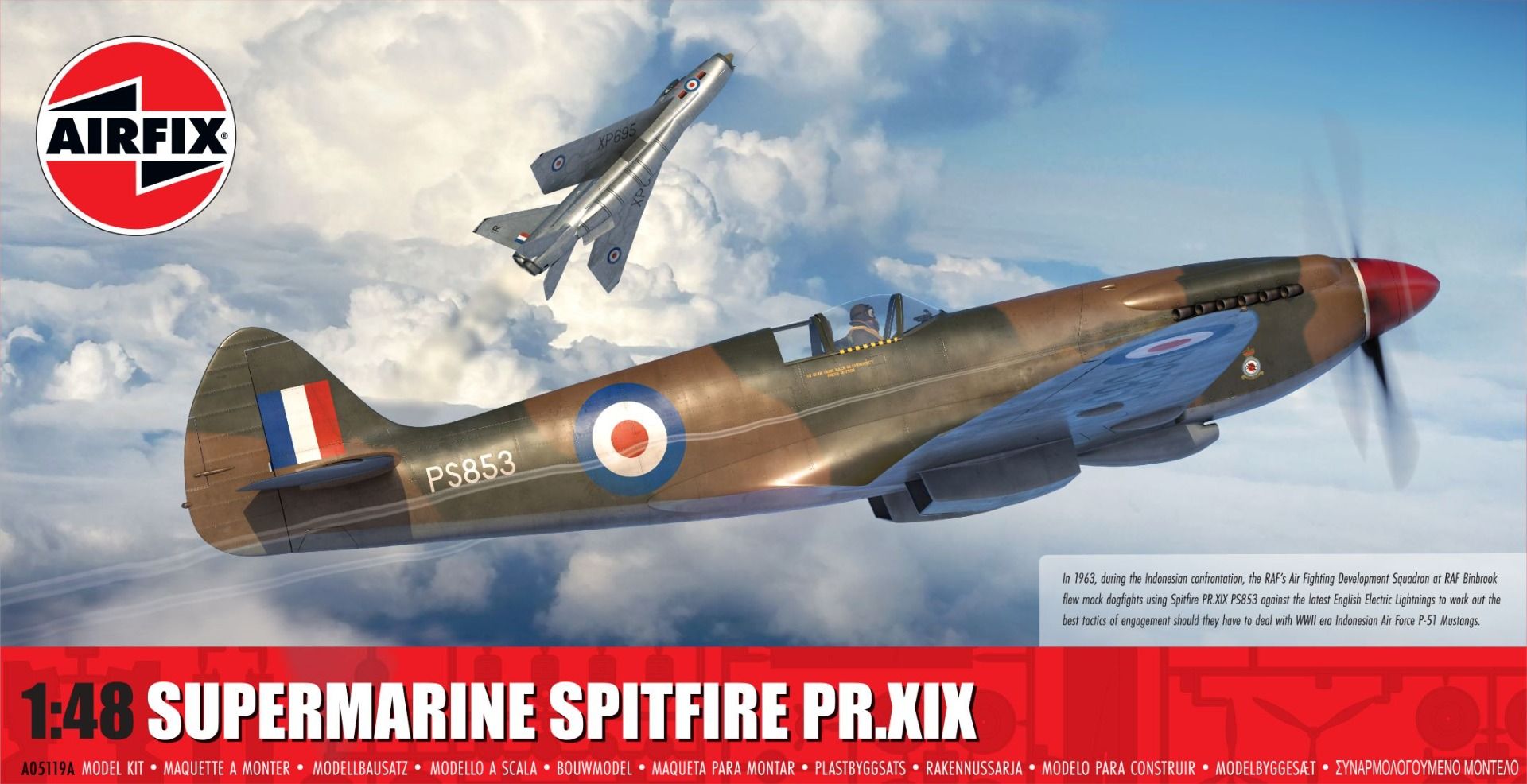 Airfix Supermarine Spitfire PR.XIX model kit packaging with a fighter plane in the background.