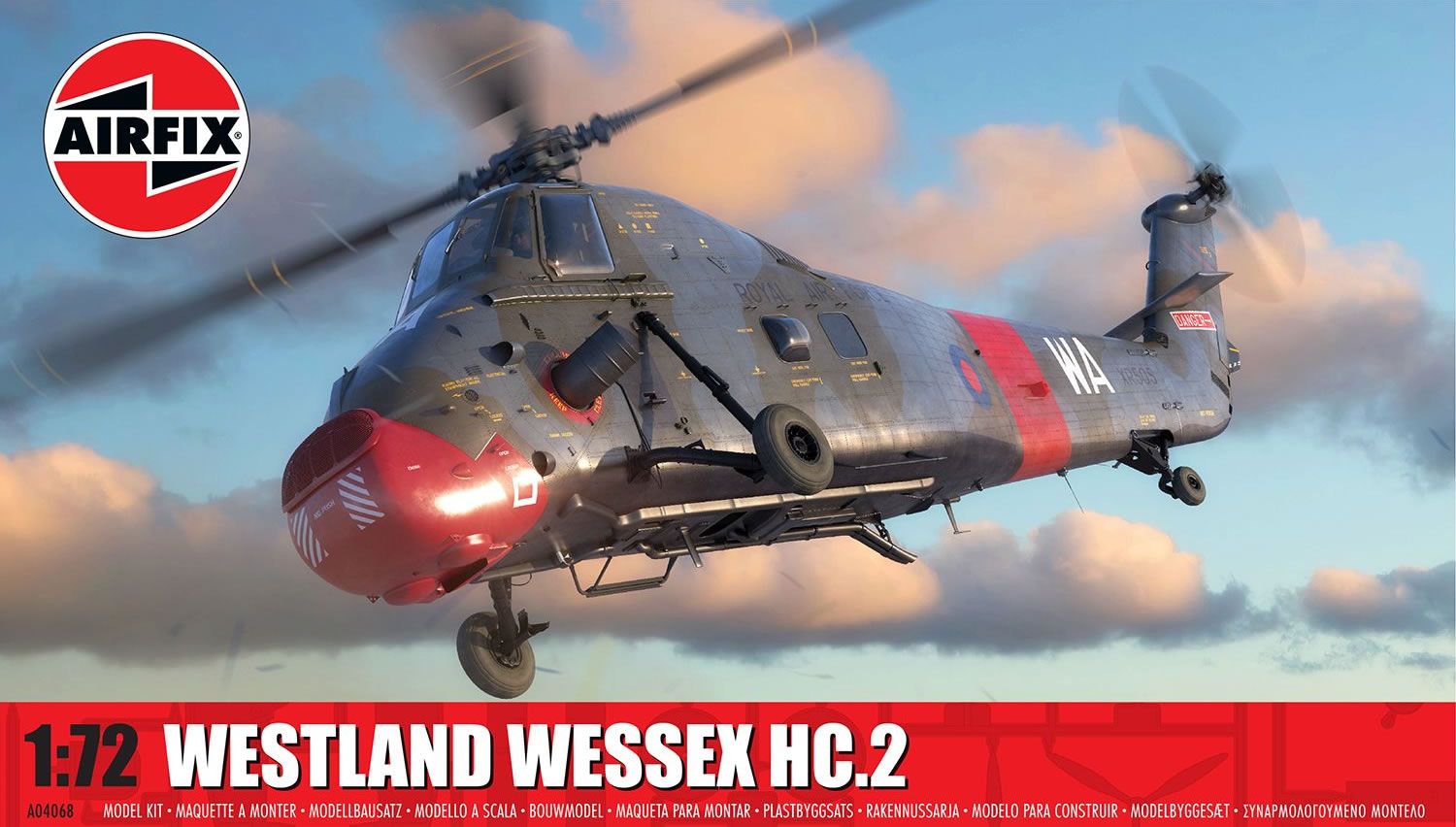 Model helicopter kit of a Westland Wessex HC.2 with Airfix branding against a cloudy sky.