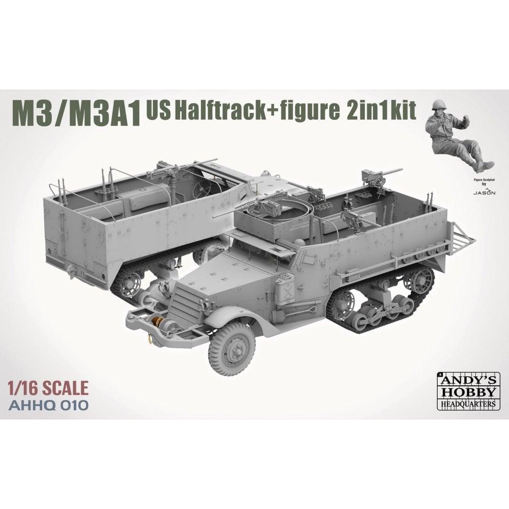 Model kit of M3/M3A1 US Halftrack with figure on a white background, featuring Andy's Hobby Headquarters branding.