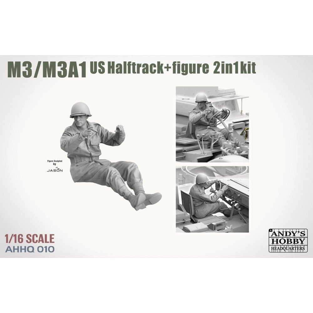 Model kit packaging for M3/M3A1 US Halftrack with figure, featuring black and white images of a soldier and halftrack.