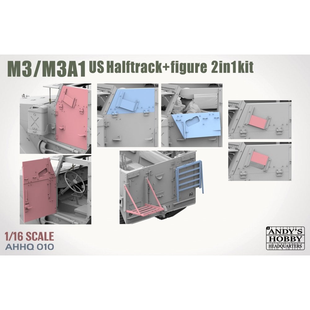 Model kit packaging for M3/M3A1 US Halftrack with figure, featuring assembly instructions and Andy's Hobby branding.