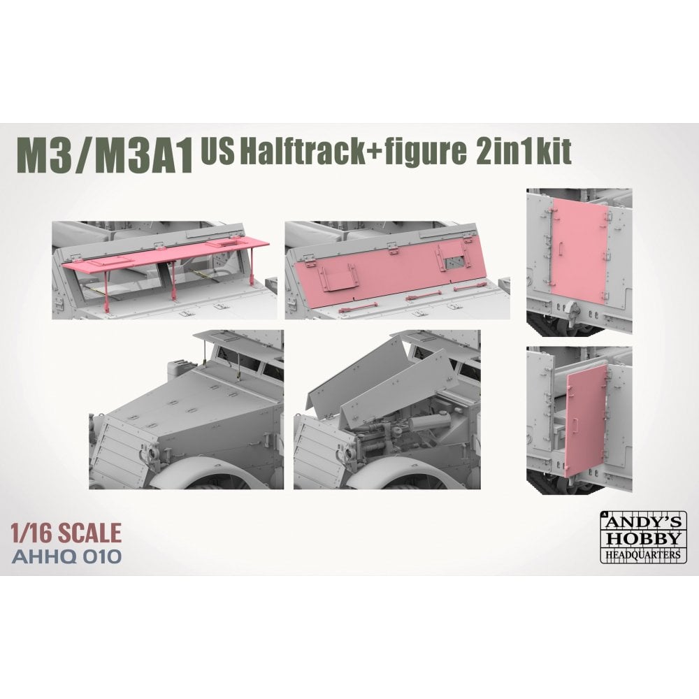 M3/M3A1 US Halftrack model kit packaging with detailed views and branding.