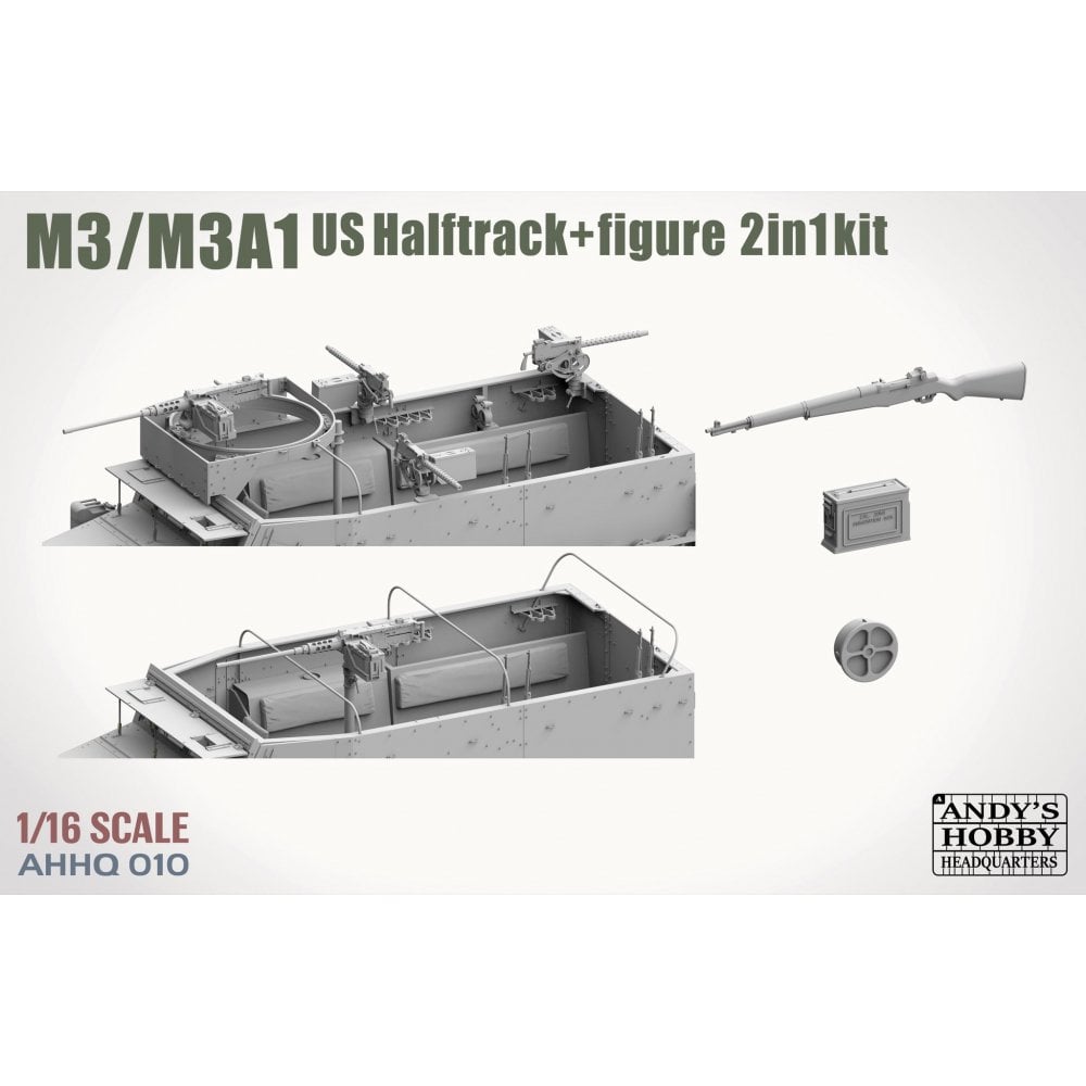 Model kit packaging for M3/M3A1 US Halftrack with figure, featuring Andy's Hobby Headquarters branding.