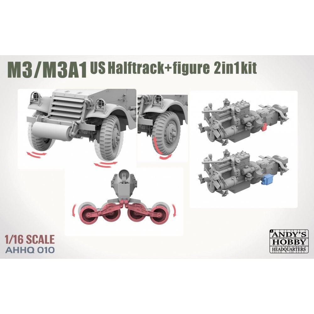 Model kit packaging for M3/M3A1 US Halftrack with figure, featuring Andy's Hobby logo.