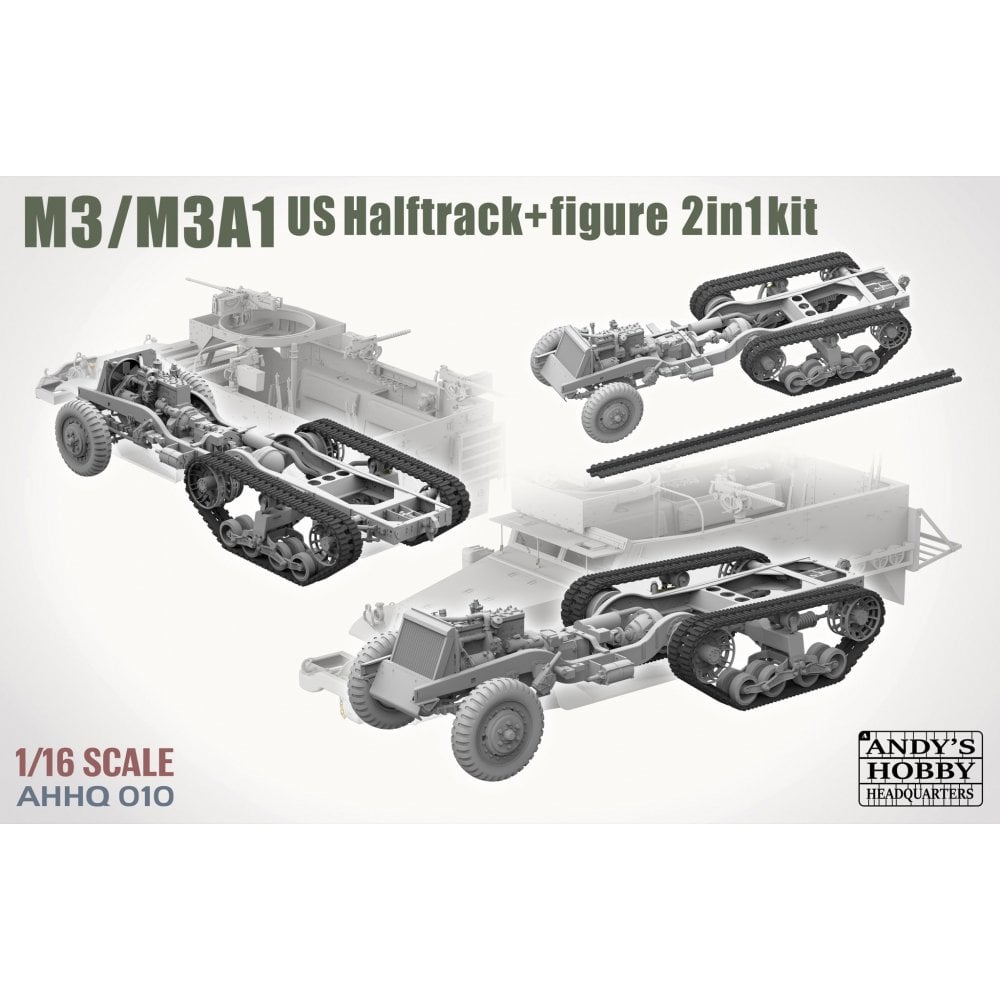 Model kit of M3/M3A1 US Halftrack with figure, labeled 'Andy's Hobby Headquarters'.