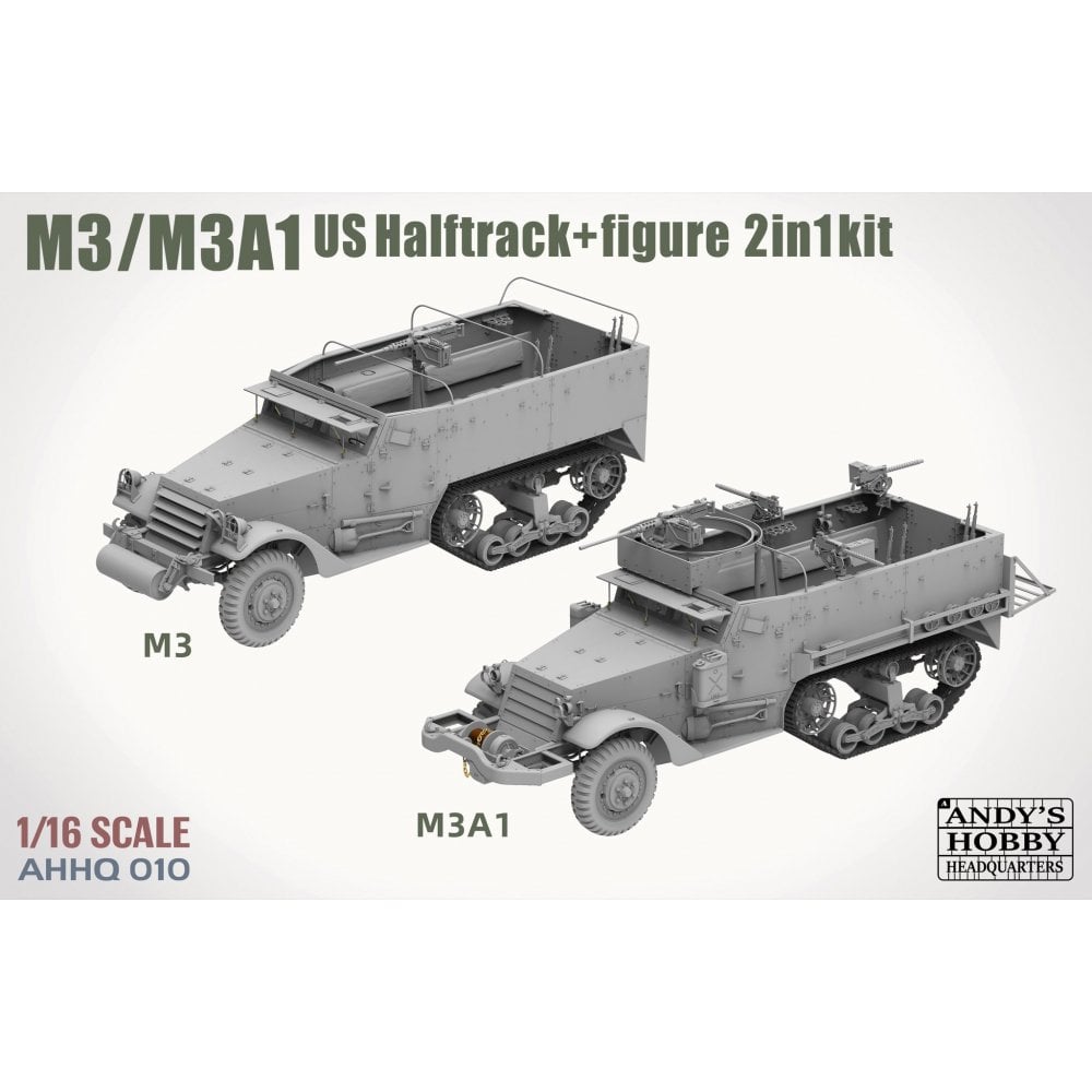Model kit of M3 and M3A1 US Halftrack vehicles with figure on a white background, featuring Andy's Hobby branding.