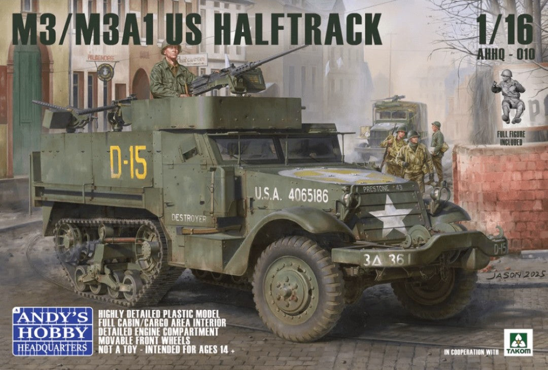 Model kit of M3/M3A1 US Halftrack with soldiers on a city street background