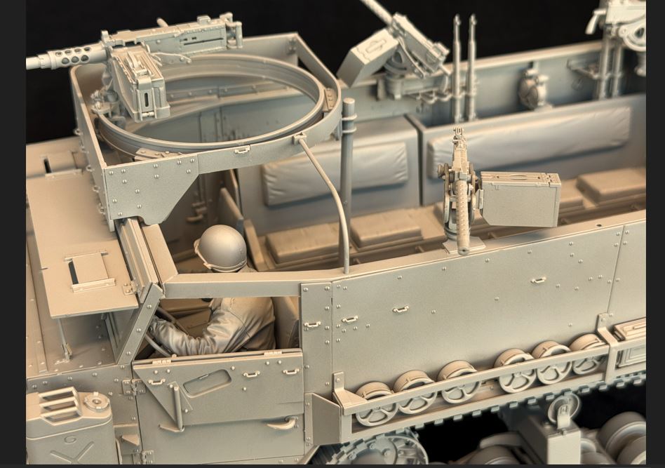 Model of a US Halftrack military vehicle with detailed components on a black background