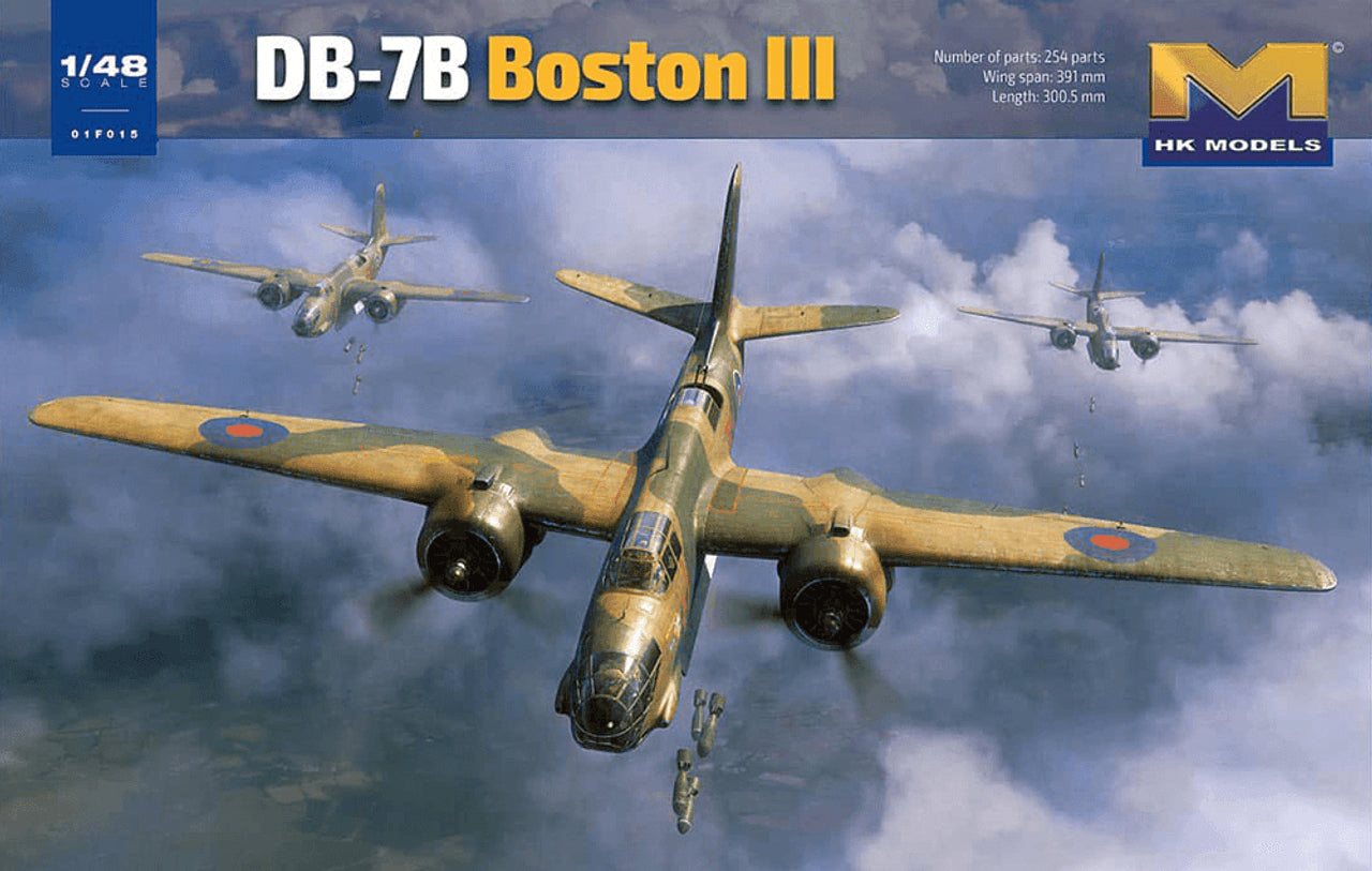 Hong Kong Models kit box for a DB-7B Boston III airplane with clouds in the background