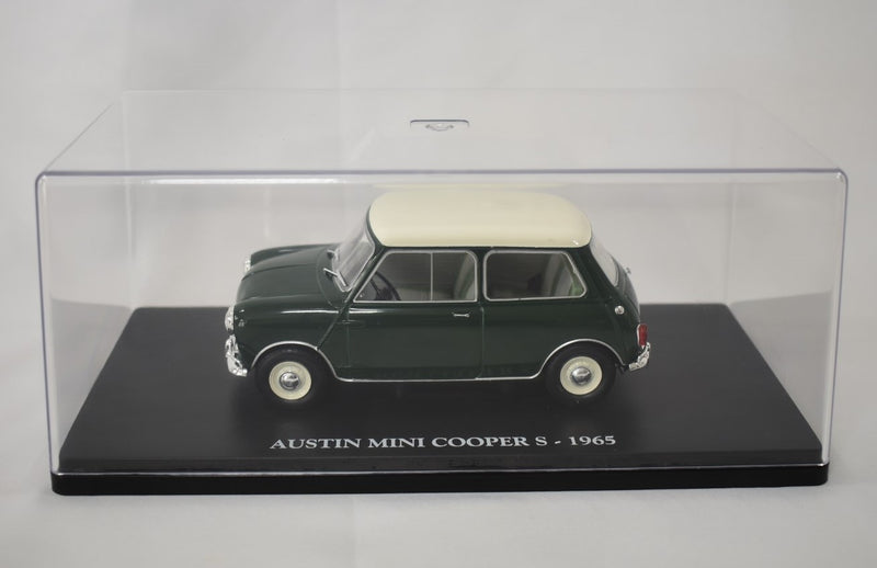 Austin Mini Cooper S 1965 1:24 scale diecast model on stand with display case