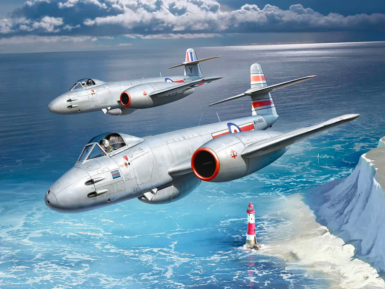 Artwork featuring Two Gloster Meteor fighter jets flying over a coastal landscape with a lighthouse.