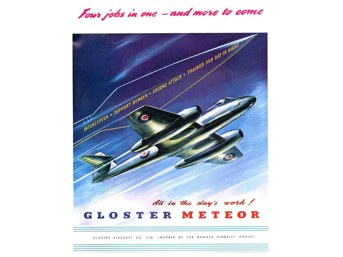 Vintage advertisement for Gloster Meteor aircraft with a jet plane illustration. A3 Poster free with Revell First edition Meteor