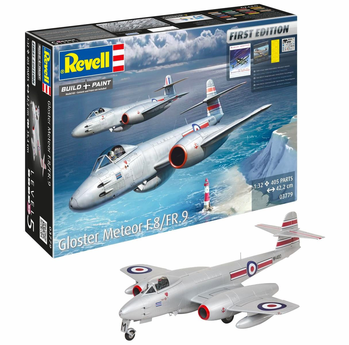 Revell first edition model kit packaging of Gloster Meteor F.8/FR.9 with airplane illustration on box.