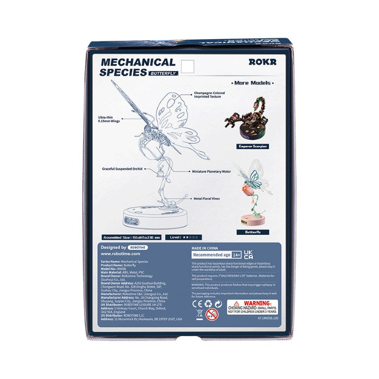 Rokr Butterfly Blue Mechanical Species Model Kit M105B box back