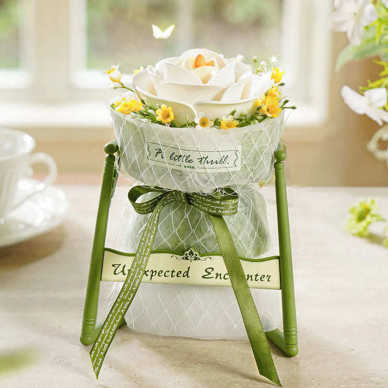 Rokr White Camellia Floral Art Bouquet Model Kit AF011 stand