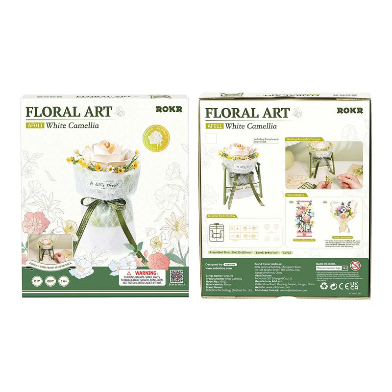Rokr White Camellia Floral Art Bouquet Model Kit AF011 box