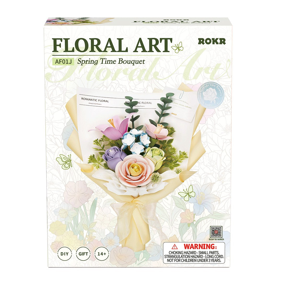 Floral art kit packaging with a bouquet illustration and ROKR branding.