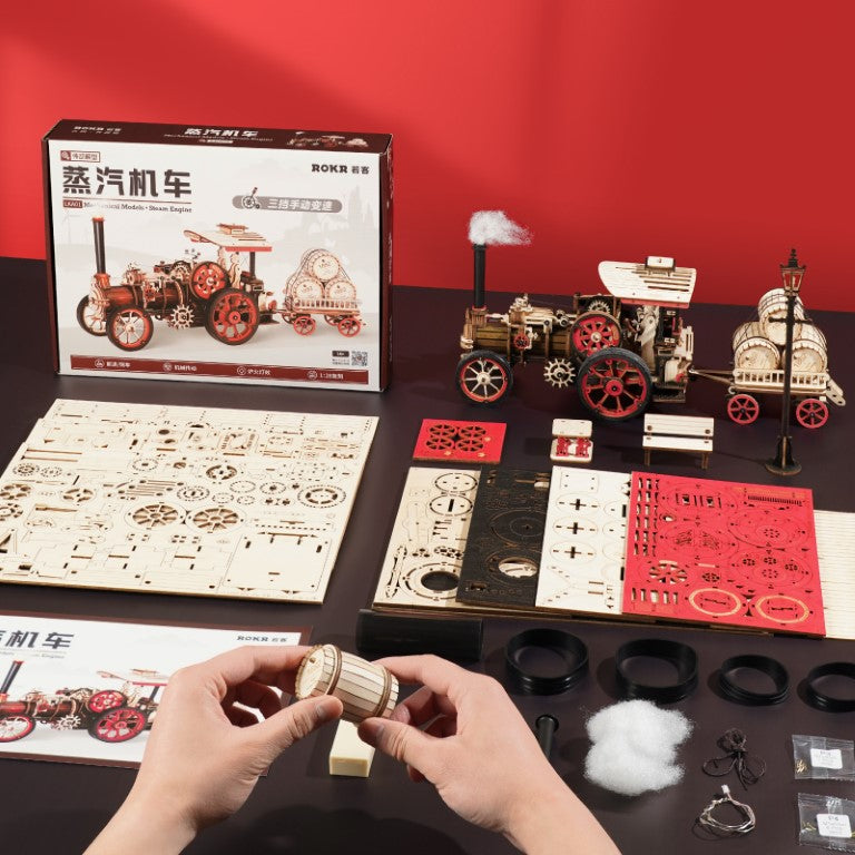 Rokr Steam Engine Wooden Model Kit built box contents