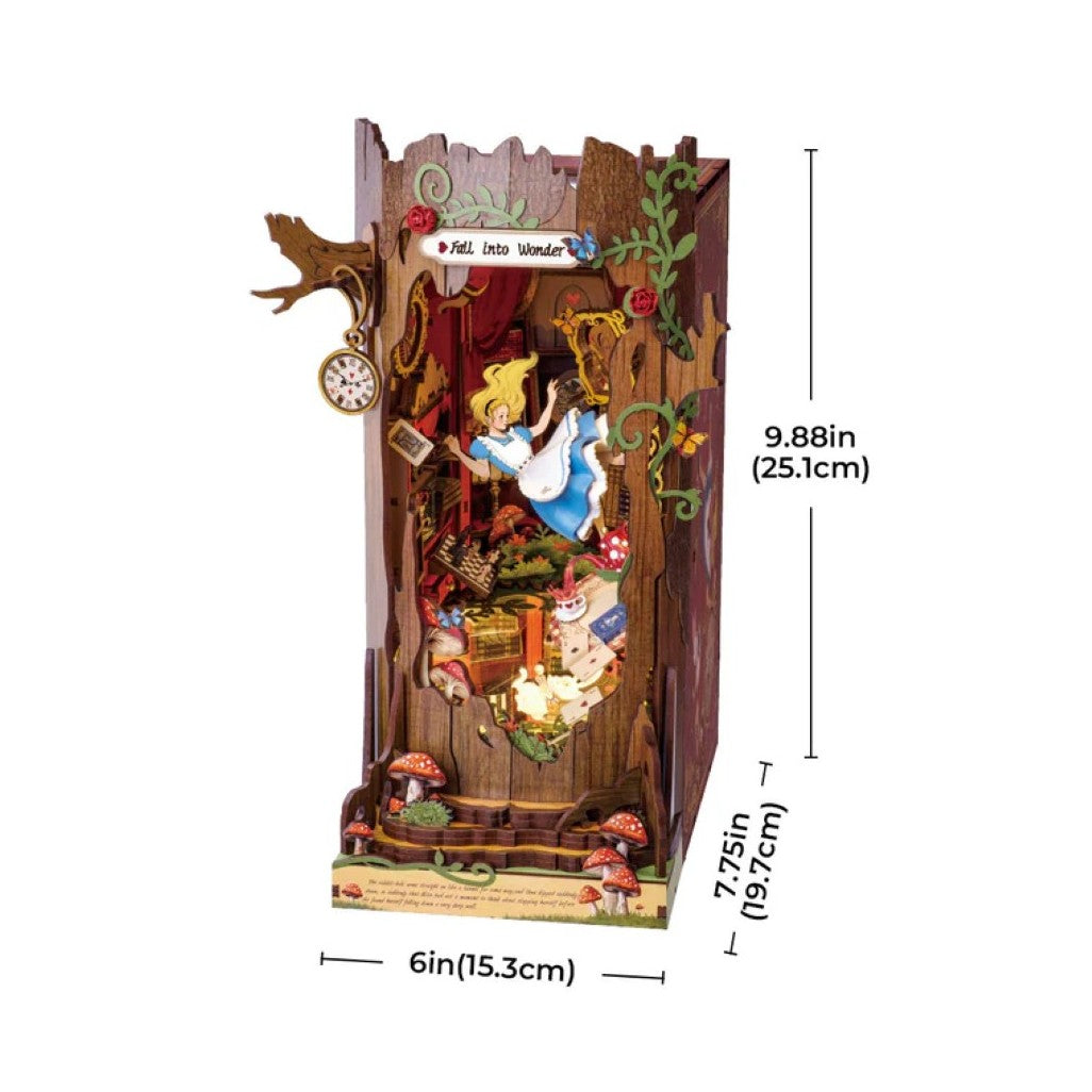Decorative wooden scene with characters and measurements on a white background