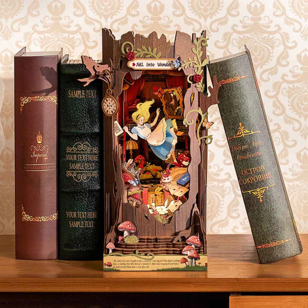 Decorative book with pop-up design featuring characters and a castle on a wooden surface.