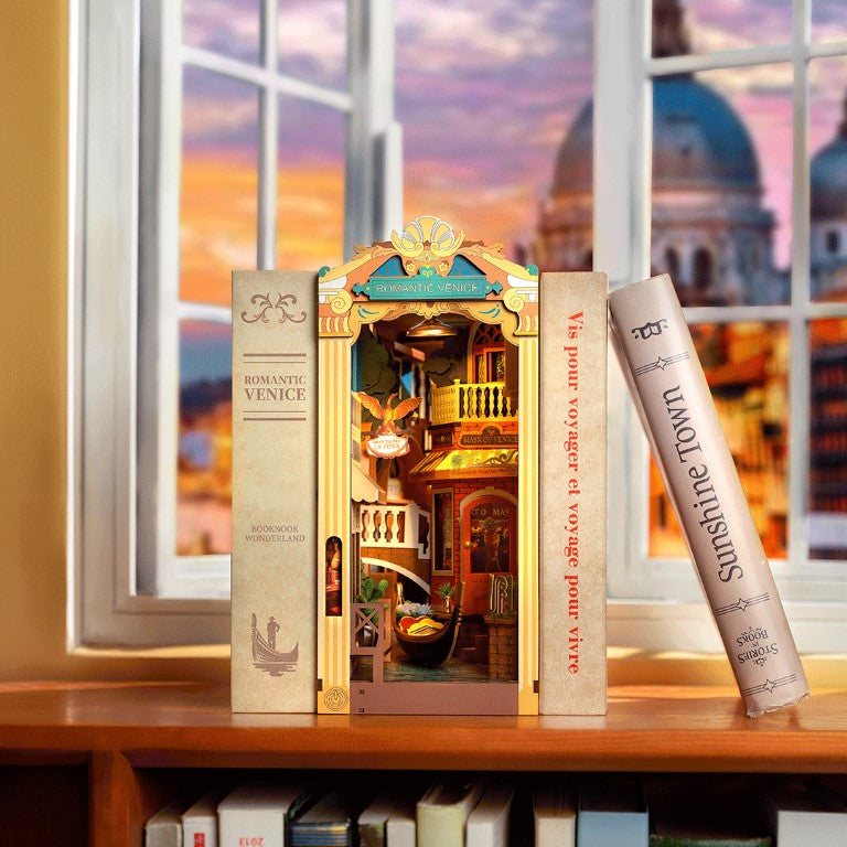 Rolife Romantic Venice Book Nook model kit TGB08 on shelf