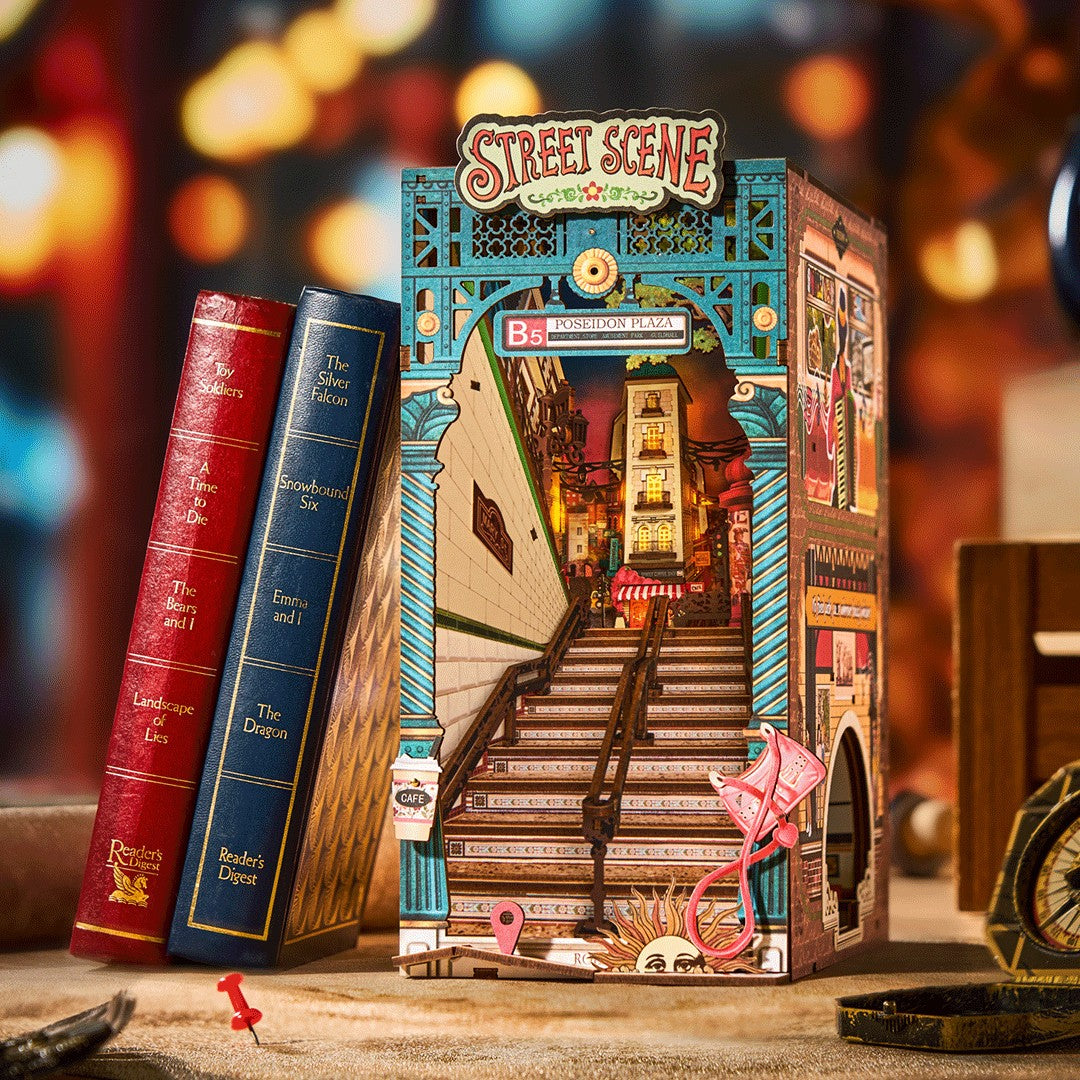rolife book nook Street scene model with books and decorative elements on a blurred background
