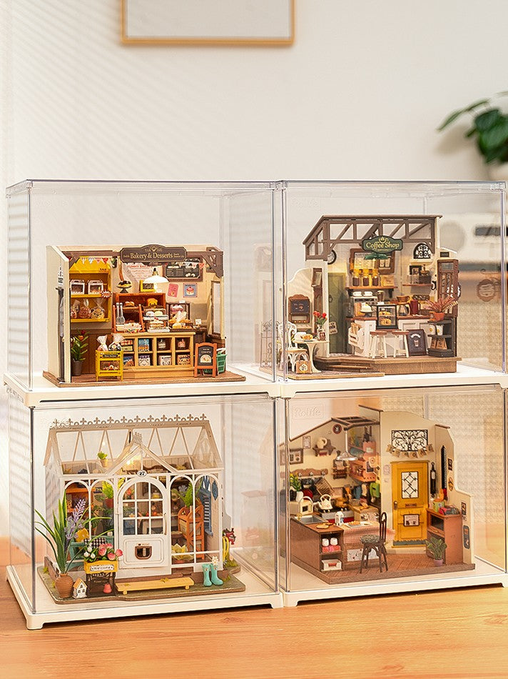 rolife diy miniature house display box df03l 4 stacked together