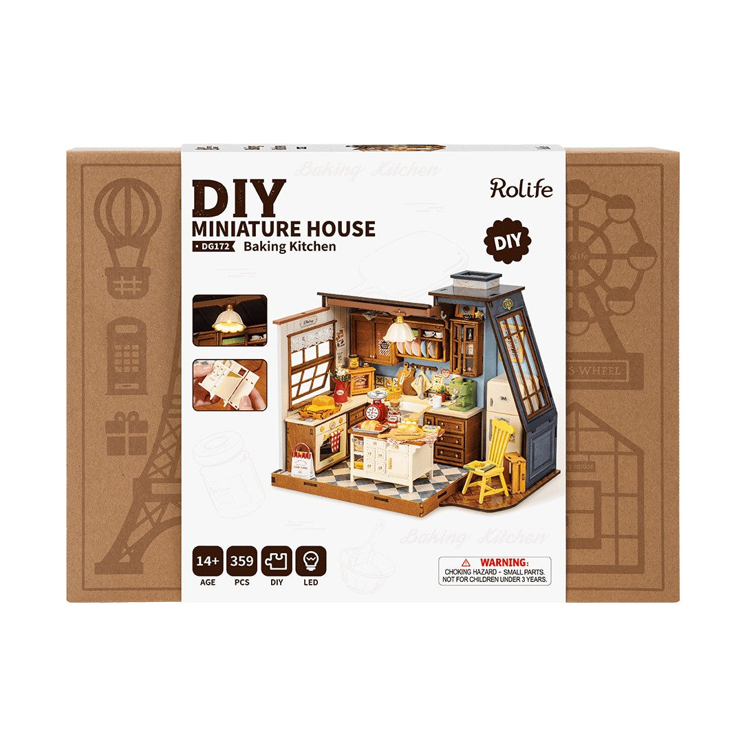 Rolife DIY miniature house baking kitchen set packaging on a white background