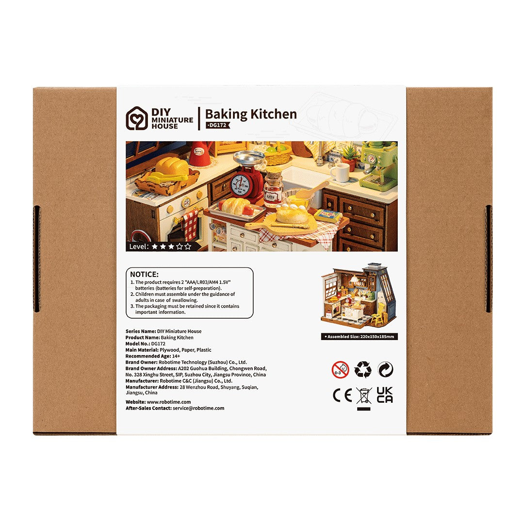 Box for DIY miniature Baking Kitchen set with images of the kitchen and product details.