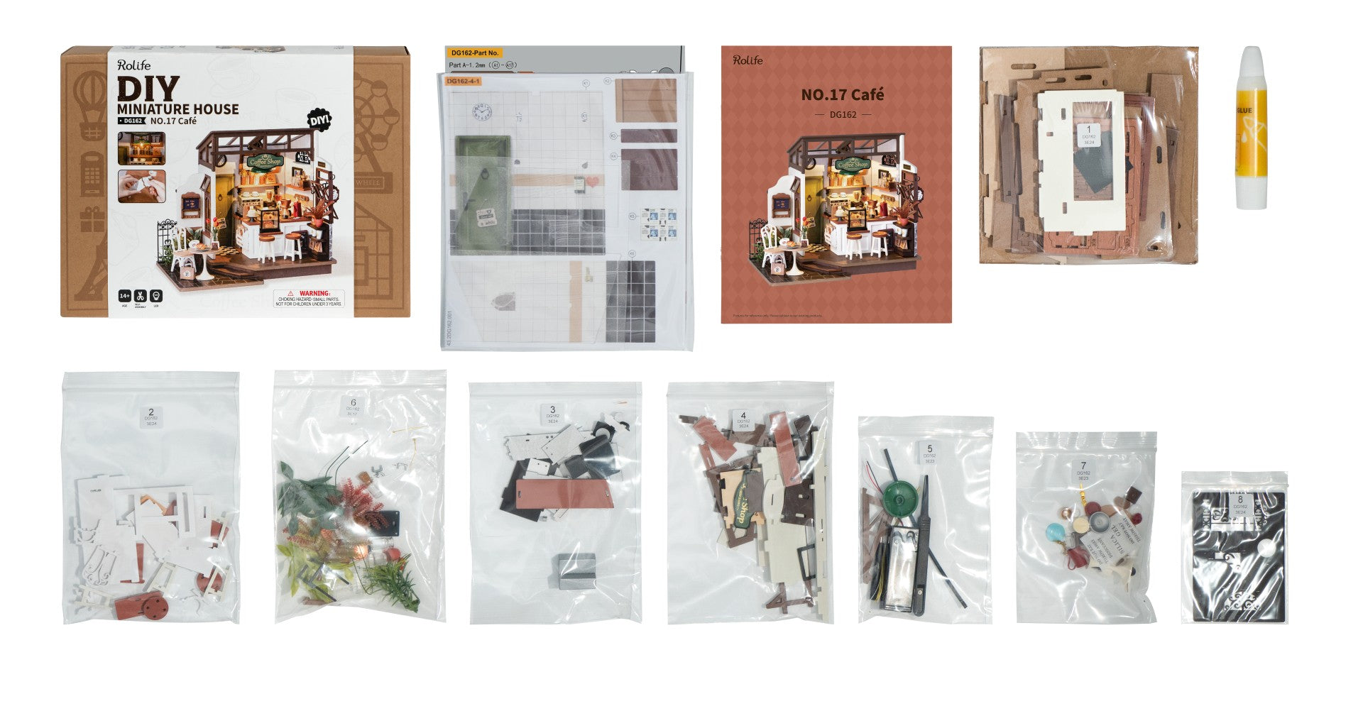 Rolife DIY Minature House No.17 Cafe Model Kit DG162 contents