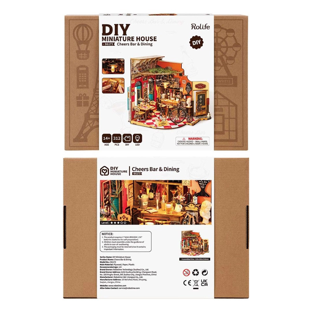 Rolife DIY miniature house kit packaging with front and back views on a white background