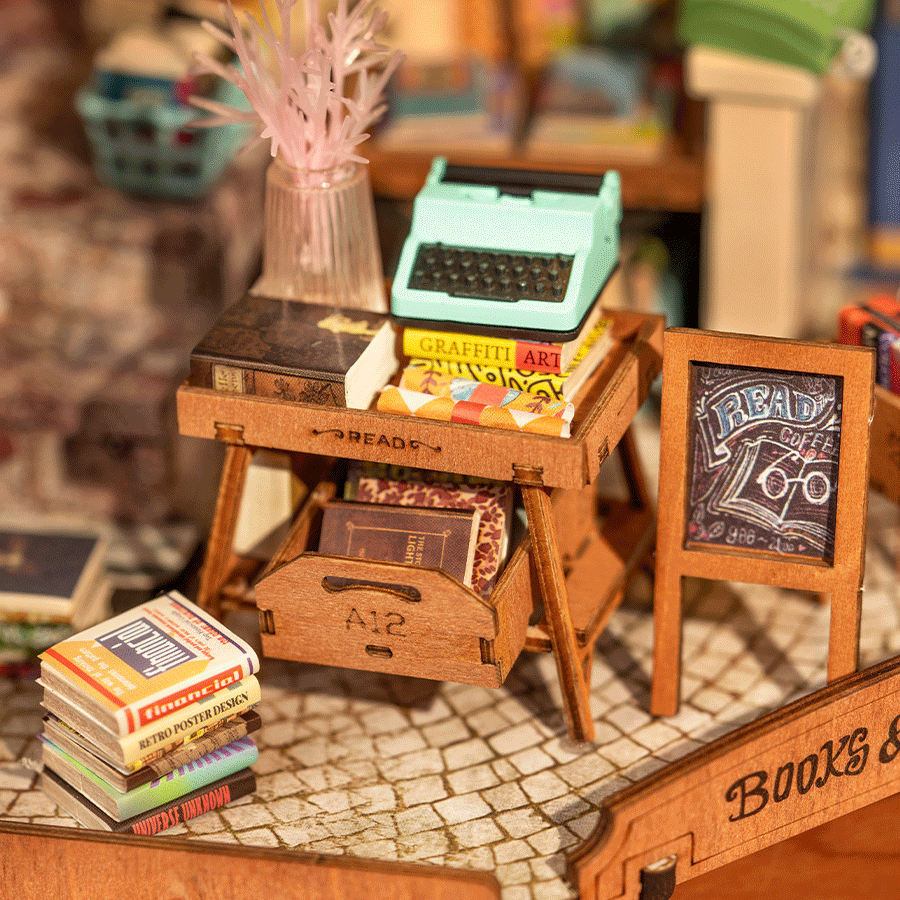 Rolife Corner Bookstore DIY Minature House Model Kit typewriter