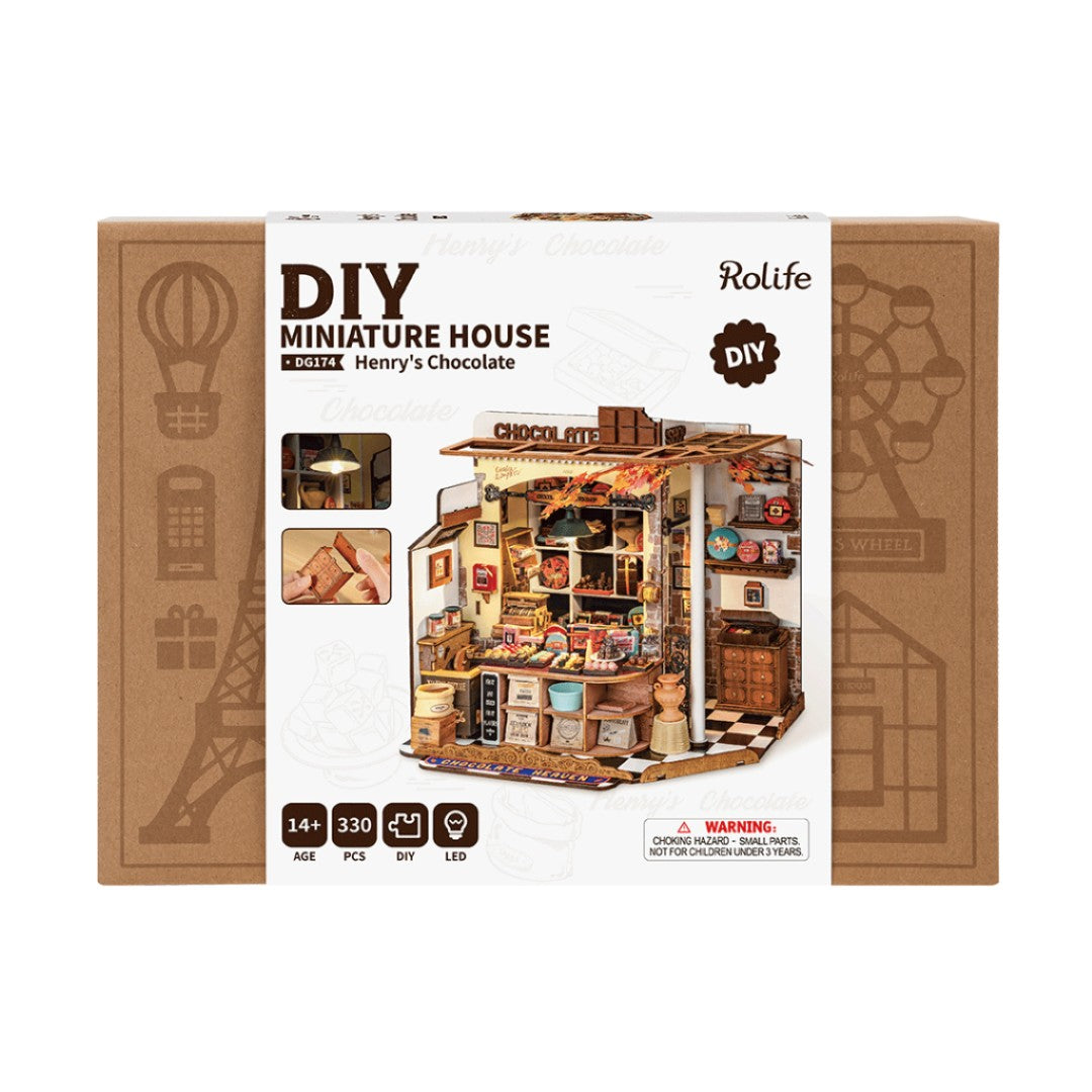 Rolife DIY miniature house packaging with chocolate shop design on a white background