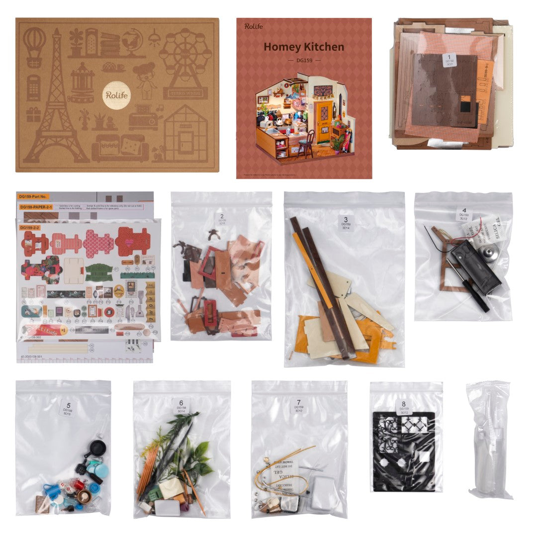 Rolife Homey Kitchen DIY Miniature House Model kit DG159 contents