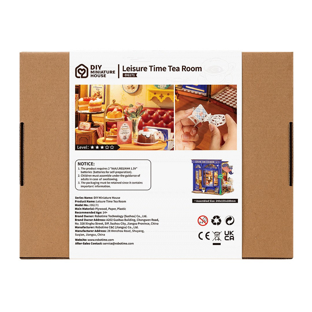 Back of a cardboard box with 'Leisure Time Tea Room' miniature house packaging.