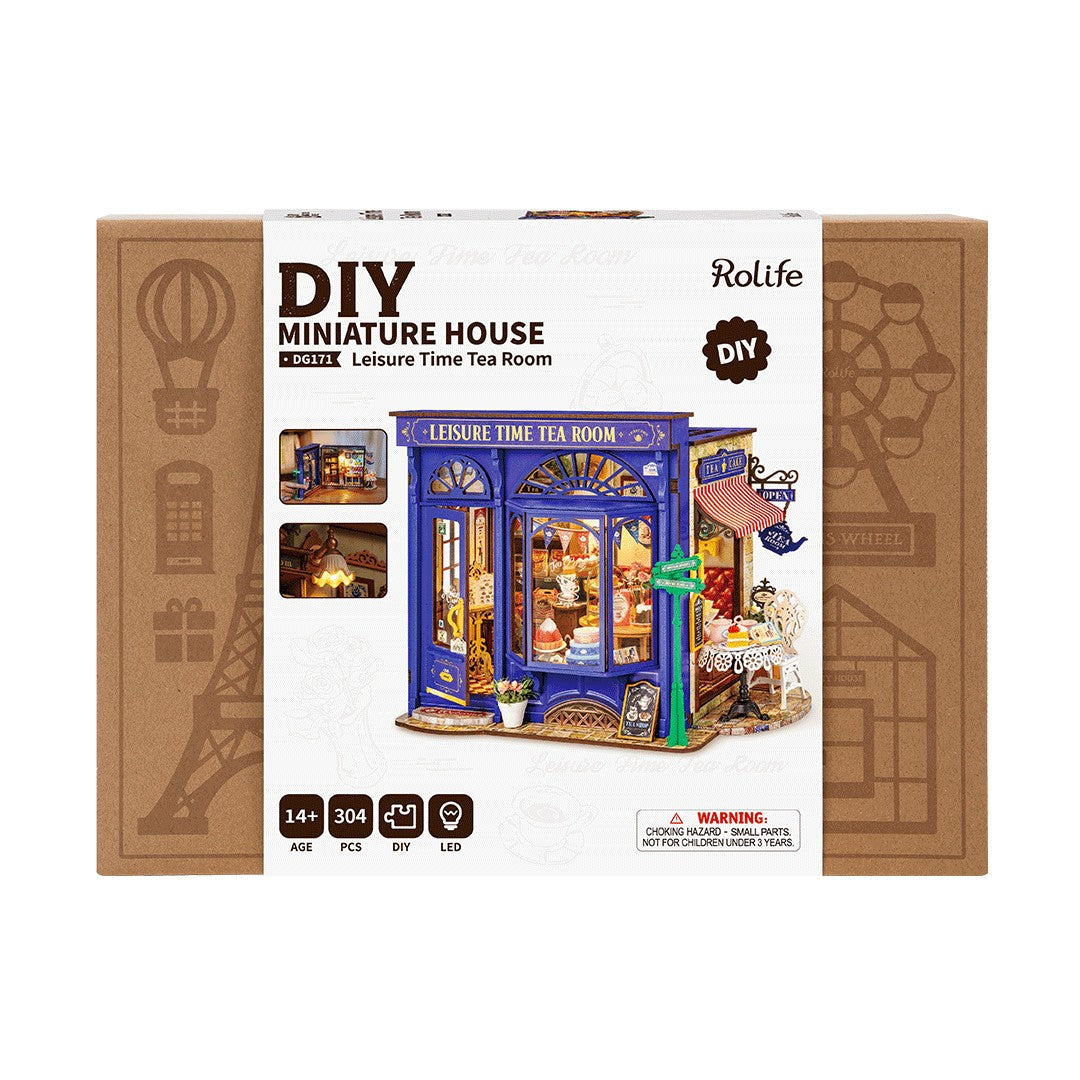 Rolife DIY miniature house kit packaging with tea room design