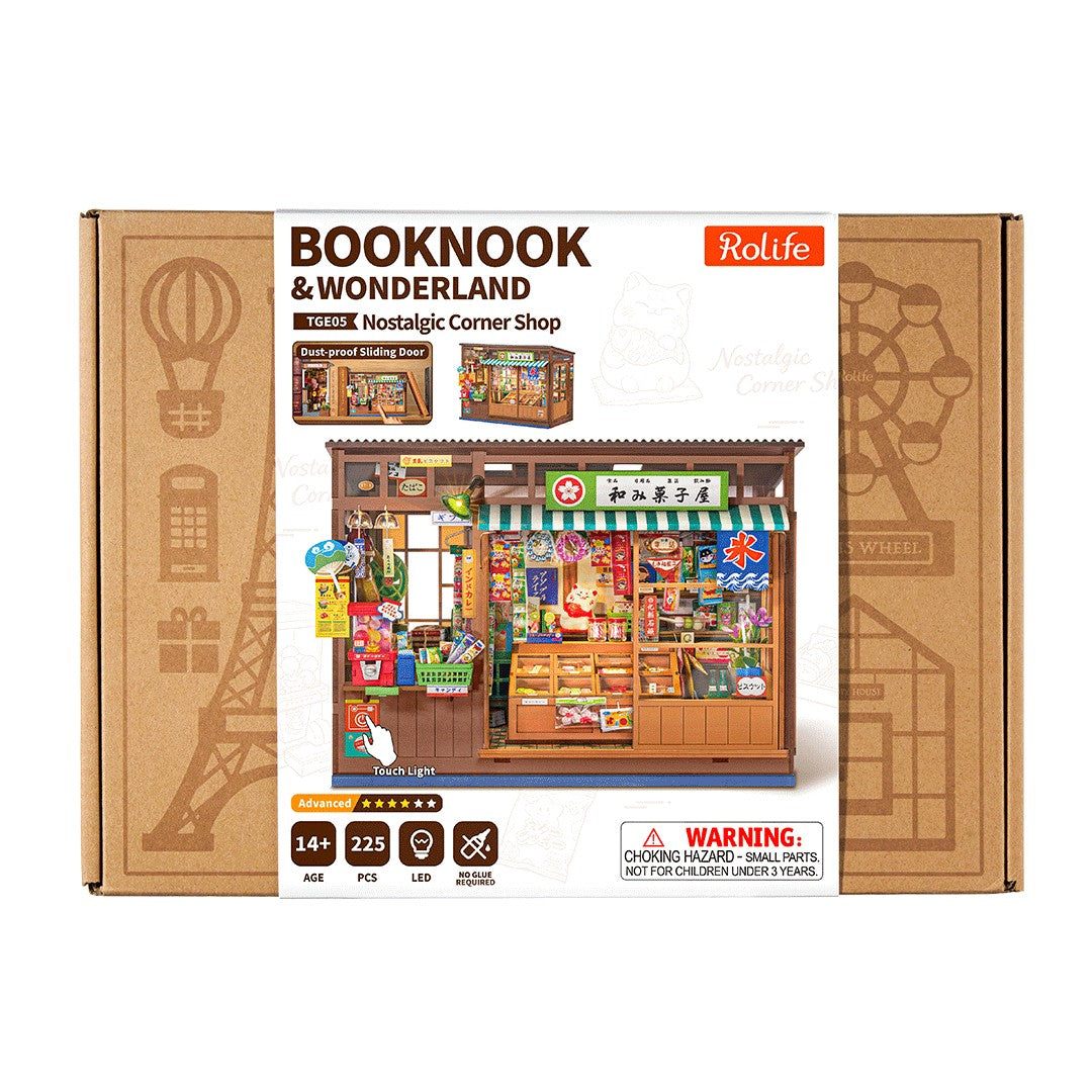 The retail packaging box for the Rollife Booknook & Wonderland Nostalgic Corner Shop kit, featuring a brown cardboard design with vintage-style illustrations and a large preview image of the assembled miniature shop on the front.