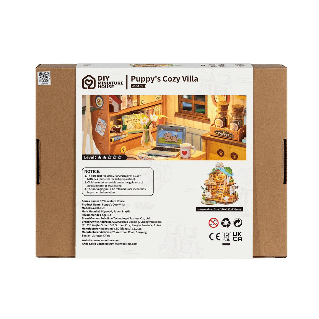 Back of a packaging box for 'Puppy's Cozy Villa' DIY miniature house kit with images and text.