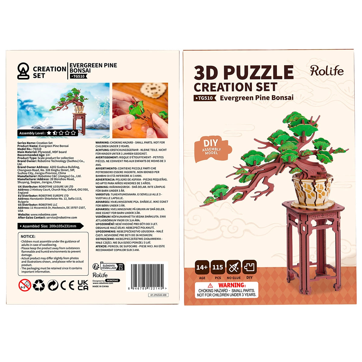 Rolife Evergreen Pine Bonsai 3D Wooden Puzzle Creation Model kit TG510 box