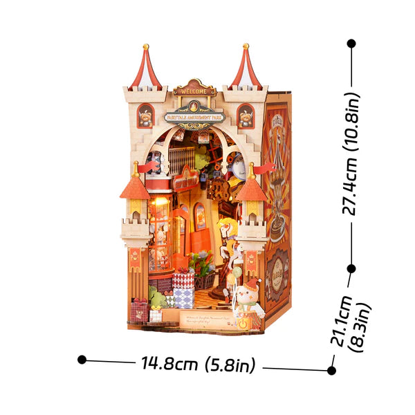 Wooden dollhouse with measurements on a white background
