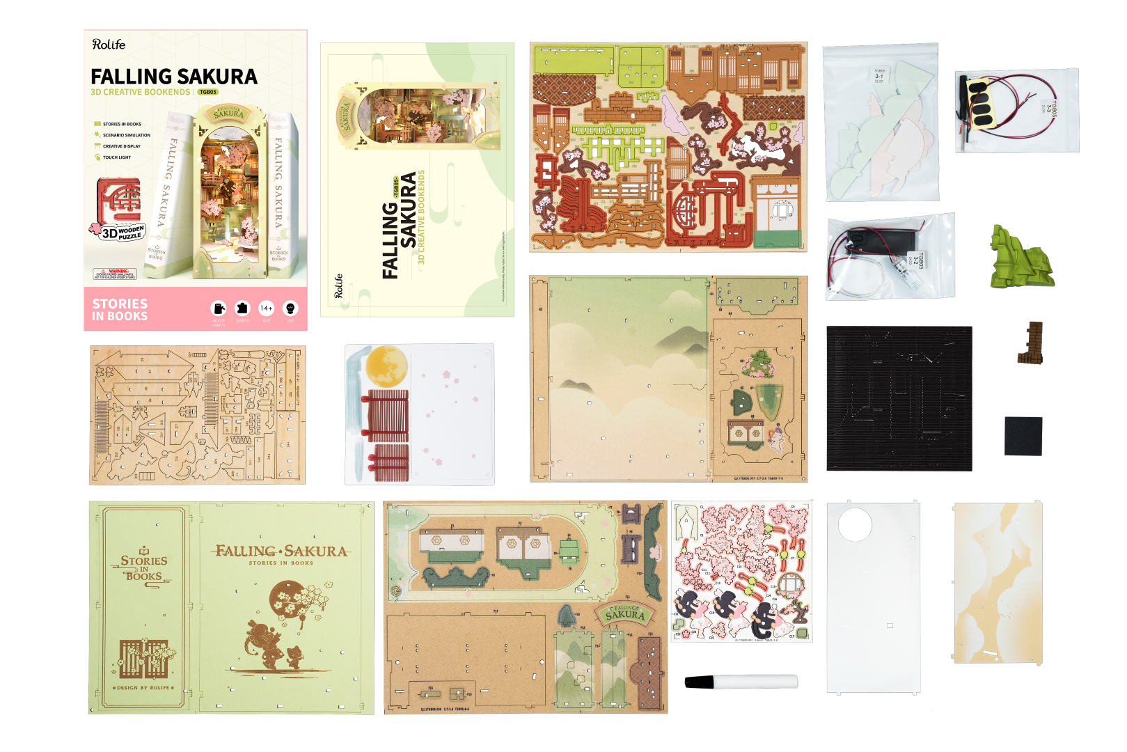 Rolife Falling Sakura Book Nook DIY Miniature House Model kit TGB05 contents