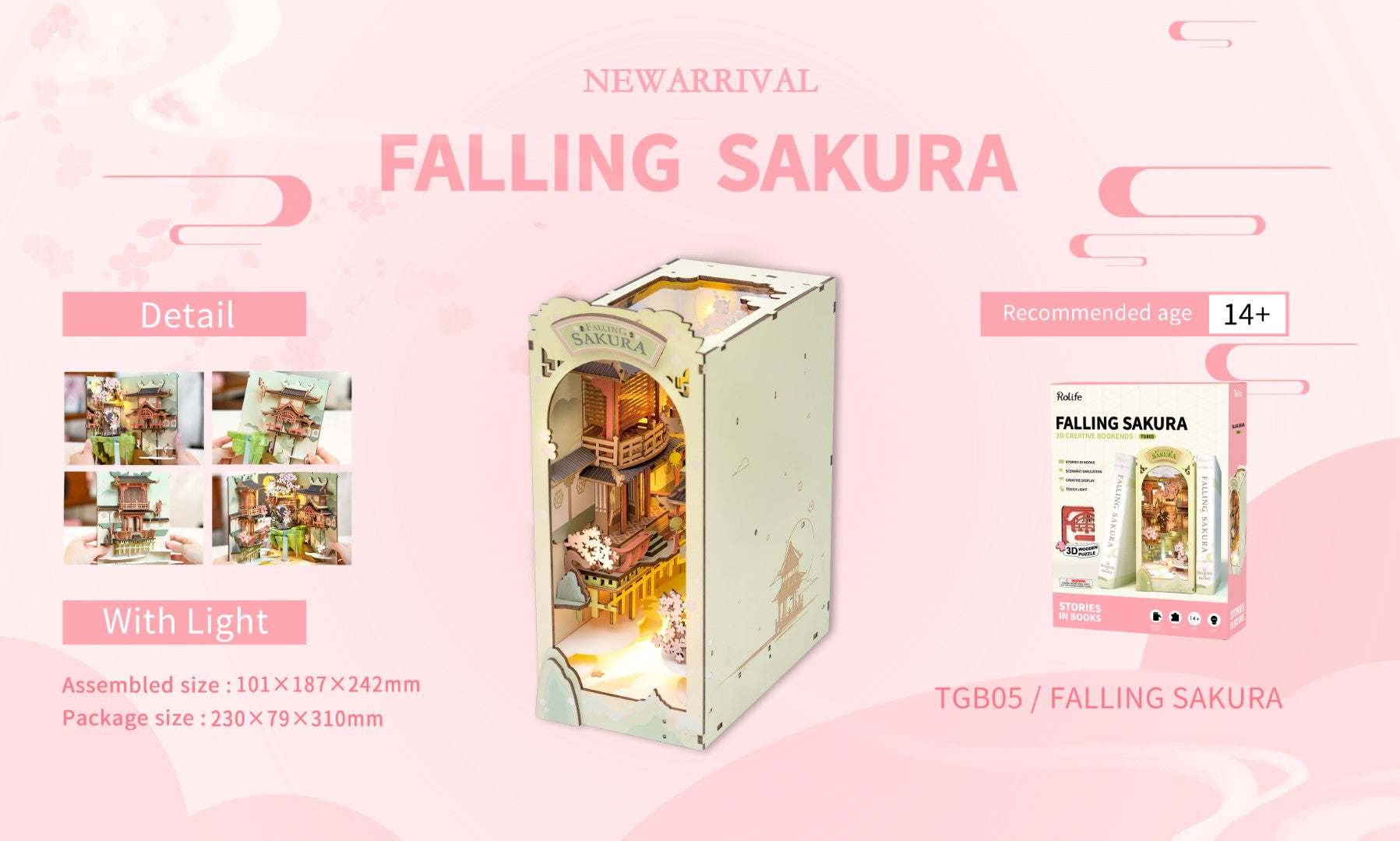 Rolife Falling Sakura Book Nook DIY Miniature House Model kit TGB05 details
