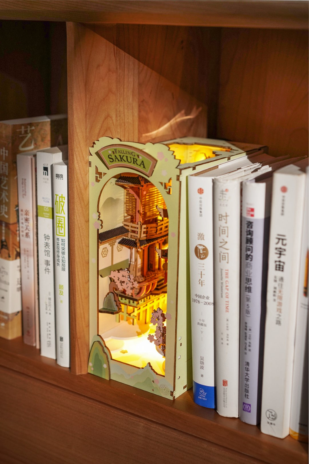 Rolife Falling Sakura Book Nook DIY Miniature House Model kit TGB05 built on book shelf