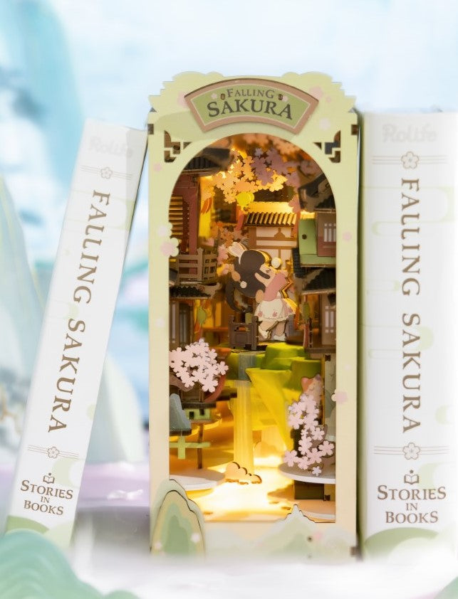 Rolife Falling Sakura Book Nook DIY Miniature House Model kit TGB05 on shelf